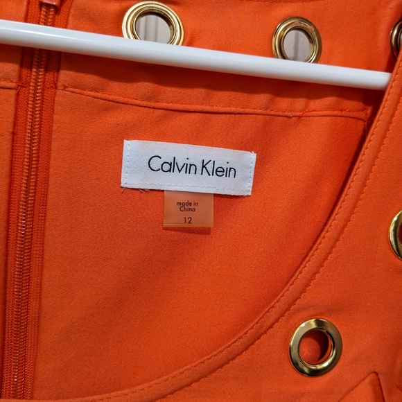 🧡 Calvin Klein Bright Orange and Gold Midi Dress Size 12 - Picture 3 of 8